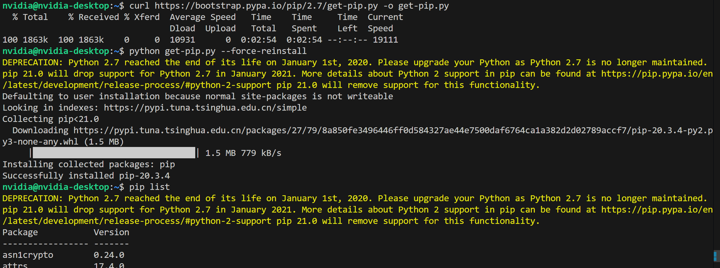 Python 2.7 与 get-pip.py 终端记录,仅用于识别历史环境