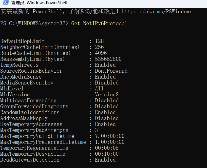 Windows Get-NetIPv6Protocol 输出的历史截图